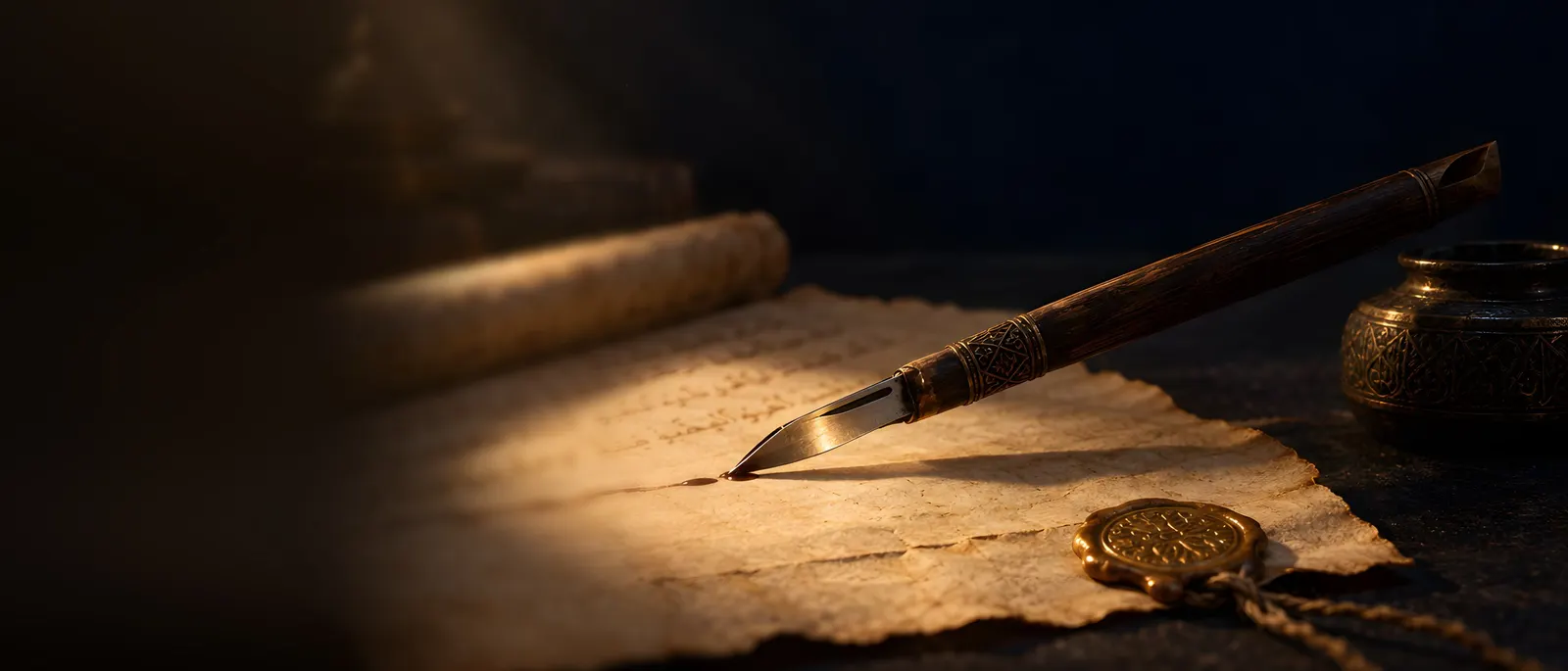 قلم بسنٍّ على هيئة مشرط فوق وثيقة قديمة بختم ذهبي، وإلى جانبها لفافة ومحبرة