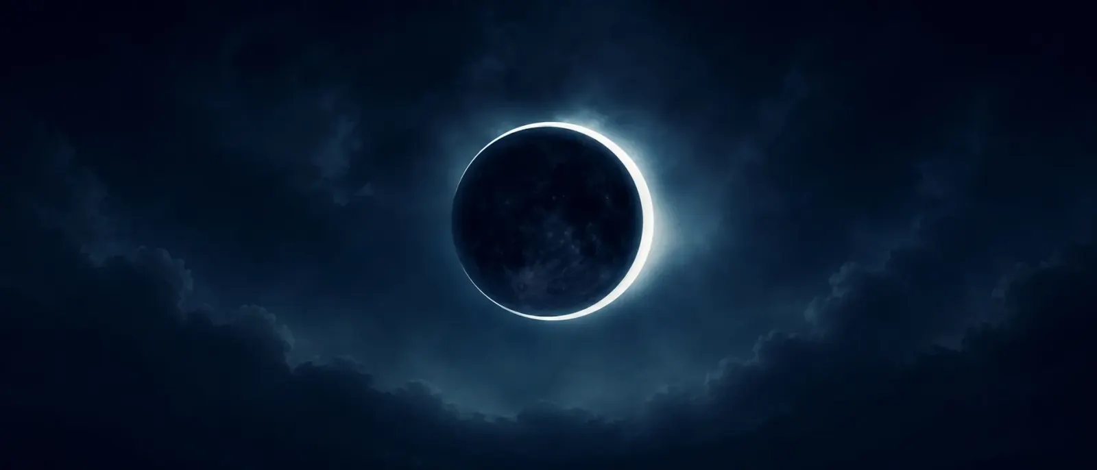 Stilisierte Sonnenfinsternis: dunkle Scheibe mit leuchtender Korona-Sichel vor tiefblauem Wolkenhimmel