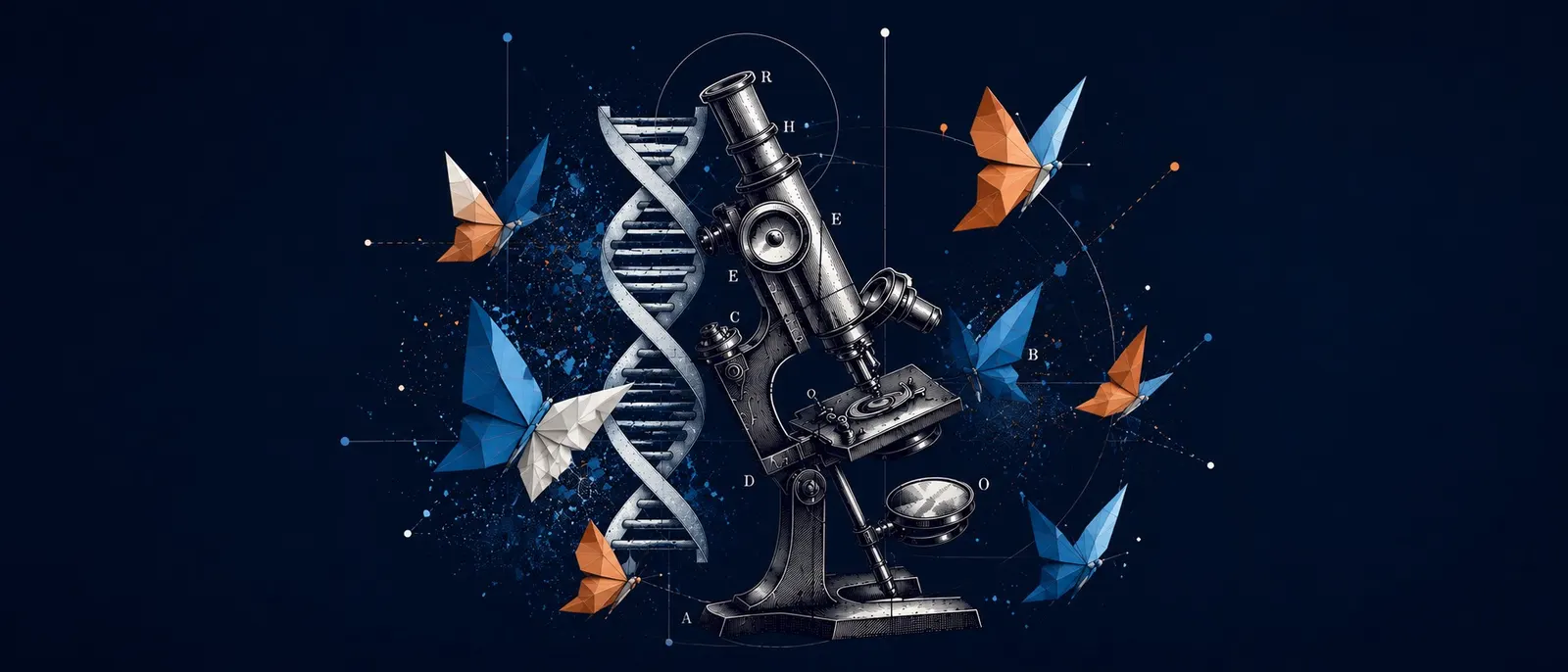 Husain Abdul Sattar, Symbolbild: Mikroskop, DNA-Helix und Origami-Schmetterlinge
