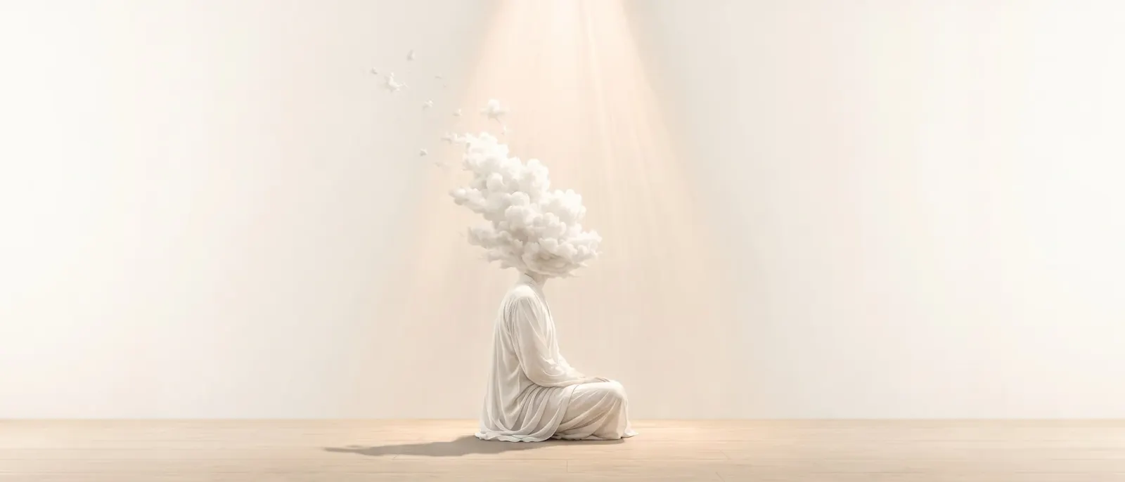 Sitzende Figur in weißem Gewand mit Wolke statt Kopf, Lichtstrahl von oben (Lightmode)