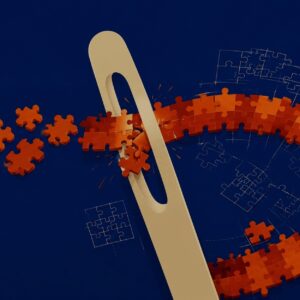 Symbolbild: eine Nadel, durch die sich eine Bahn aus Puzzleteilen zieht, auf dunkelblauem Grund