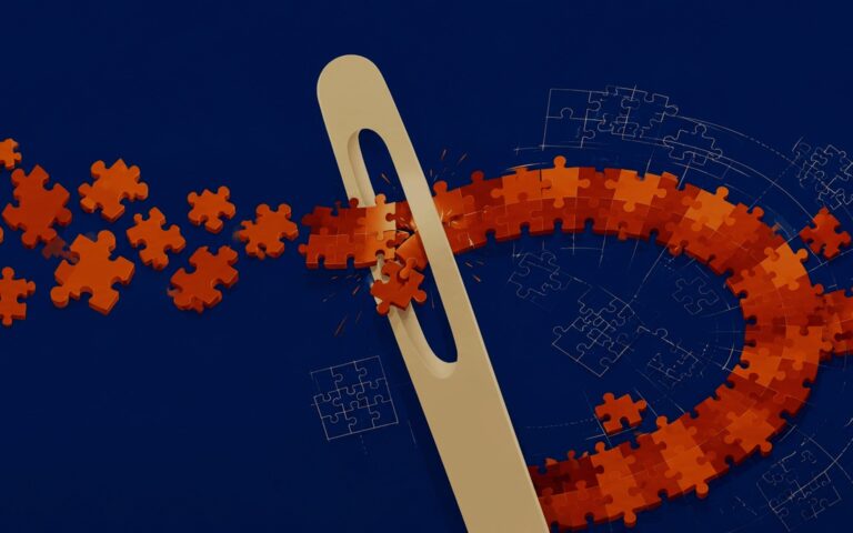 Symbolbild: eine Nadel, durch die sich eine Bahn aus Puzzleteilen zieht, auf dunkelblauem Grund