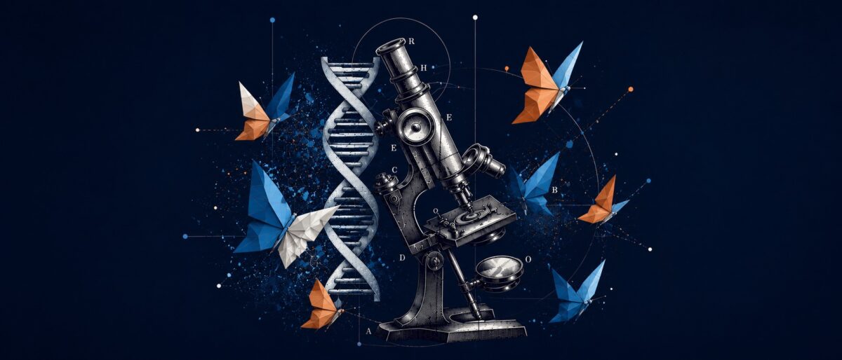 Husain Abdul Sattar, Symbolbild: Mikroskop, DNA-Helix und Origami-Schmetterlinge