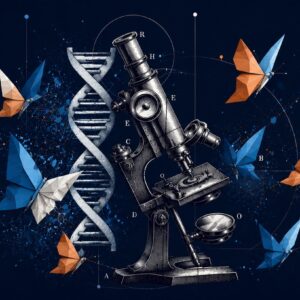 Husain Abdul Sattar, Symbolbild: Mikroskop, DNA-Helix und Origami-Schmetterlinge